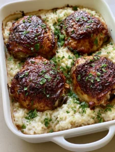 Top-down view of Forgotten Chicken in a white casserole dish featuring deeply browned chicken skin and green parsley garnish.