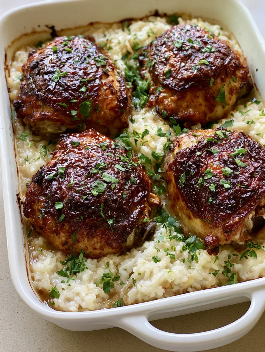 Top-down view of Forgotten Chicken in a white casserole dish featuring deeply browned chicken skin and green parsley garnish.