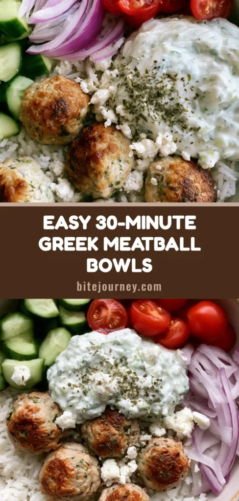 A vibrant Greek Turkey Meatball Bowl featuring seared meatballs, fluffy rice, cucumbers, and tzatziki.