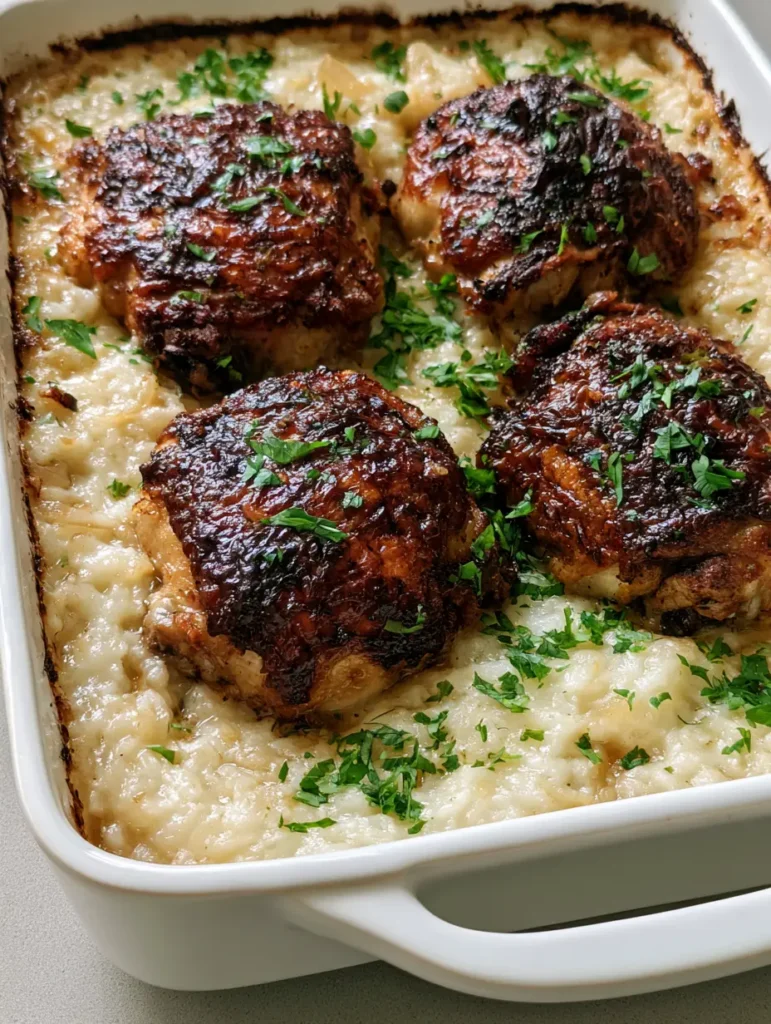 Close-up of crispy bone-in chicken thighs on a bed of onion soup broth rice. (Forgotten Chicken)