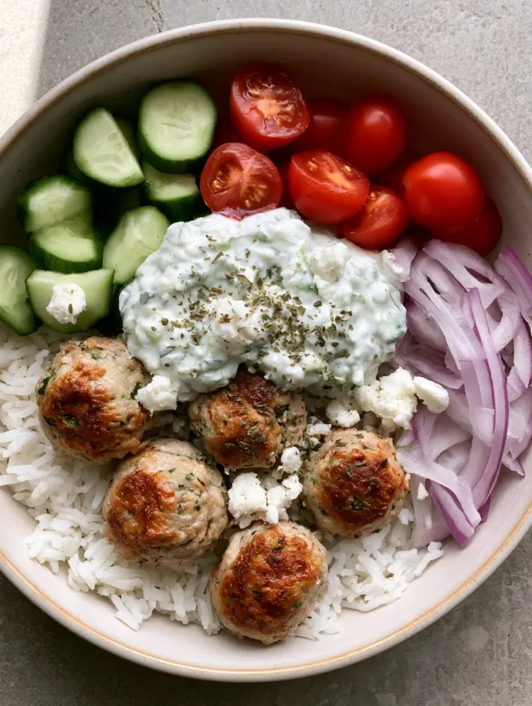 Top-down view of Greek Turkey Meatball Bowls with golden meatballs and fresh vegetables.