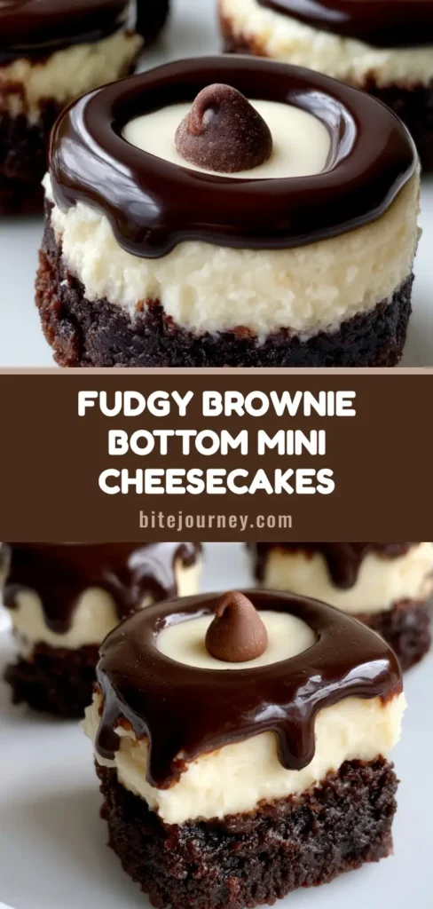 Brownie Bottom Mini Cheesecakes: The Ultimate Fudgy & Creamy Dessert 4 A stack of Brownie Bottom Mini Cheesecakes on a white plate with glossy ganache dripping down the sides and a single mini chip garnish.