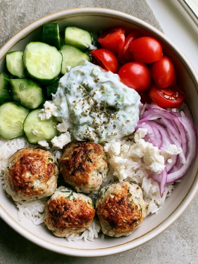 Close up of herb-flecked turkey meatballs and creamy tzatziki in a ceramic bowl.