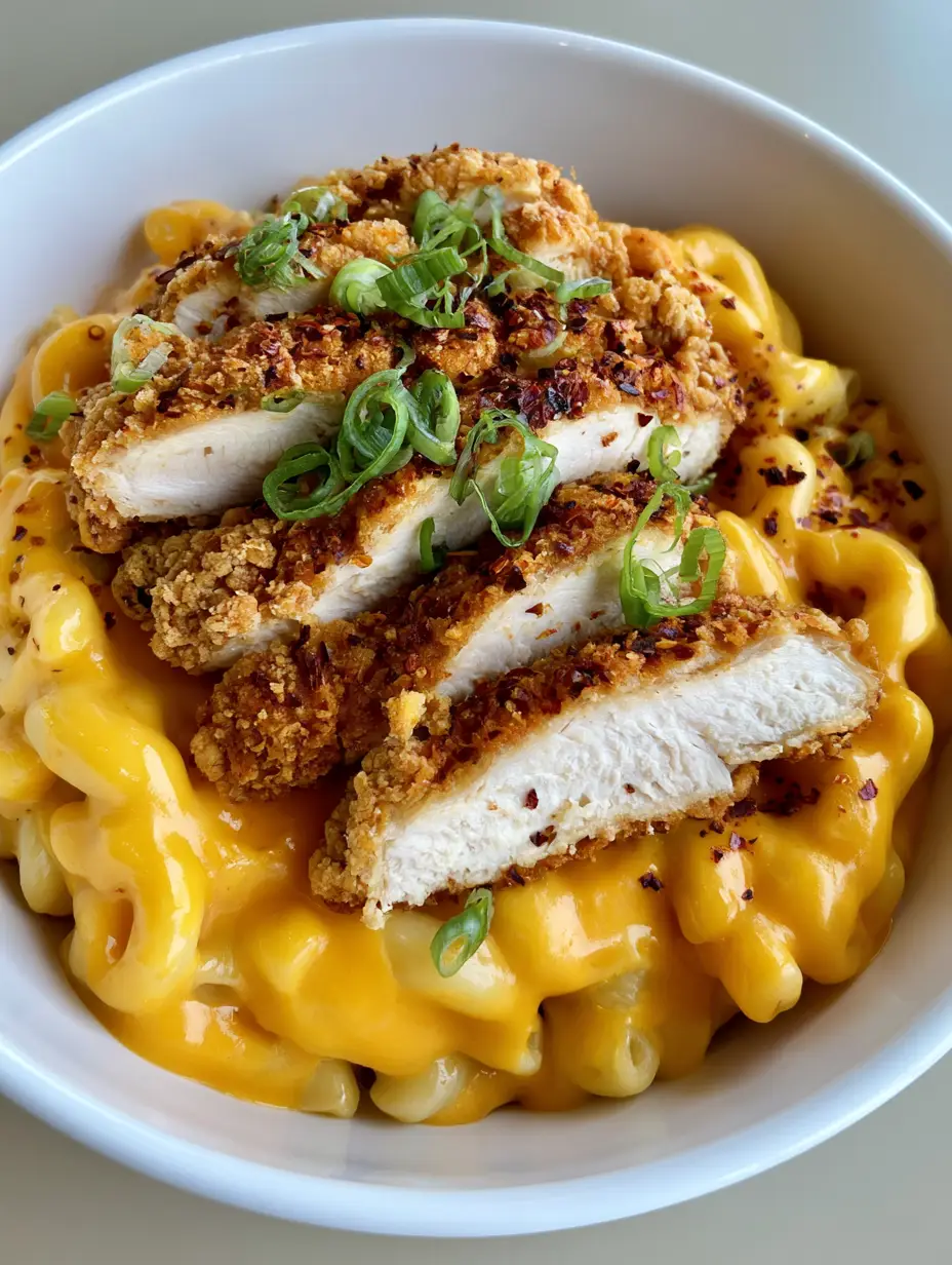 Chicken Tender Mac and Cheese: The Ultimate Crispy Comfort Bowl 4 Close up of glossy orange cheddar cheese sauce on elbow macaroni in a white bowl. (Chicken Tender Mac and Cheese)