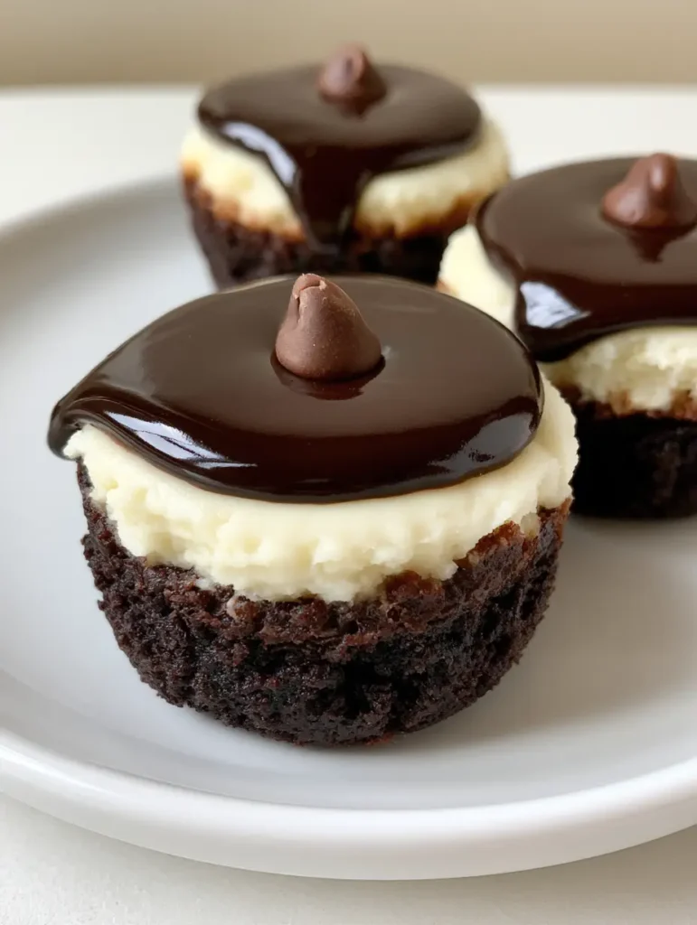 Brownie Bottom Mini Cheesecakes: The Ultimate Fudgy & Creamy Dessert 1 Three Brownie Bottom Mini Cheesecakes arranged on a ceramic plate, highlighting the glossy dark chocolate ganache glaze.