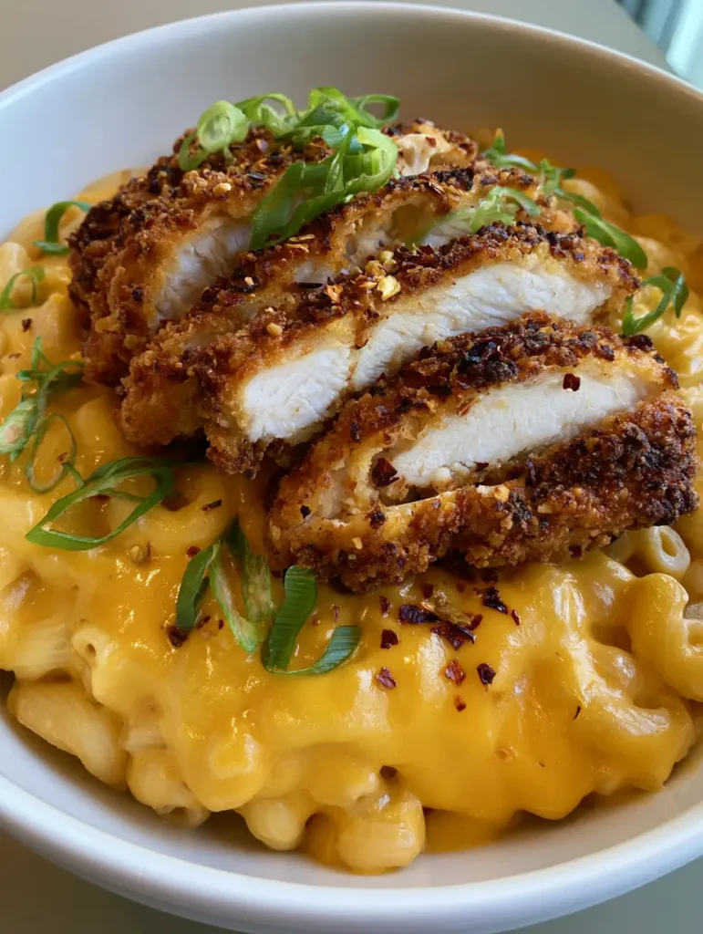 Chicken Tender Mac and Cheese: The Ultimate Crispy Comfort Bowl 1 Slices of breaded and fried chicken tenders on top of cheesy mac and cheese with red pepper flakes. (Chicken Tender Mac and Cheese)