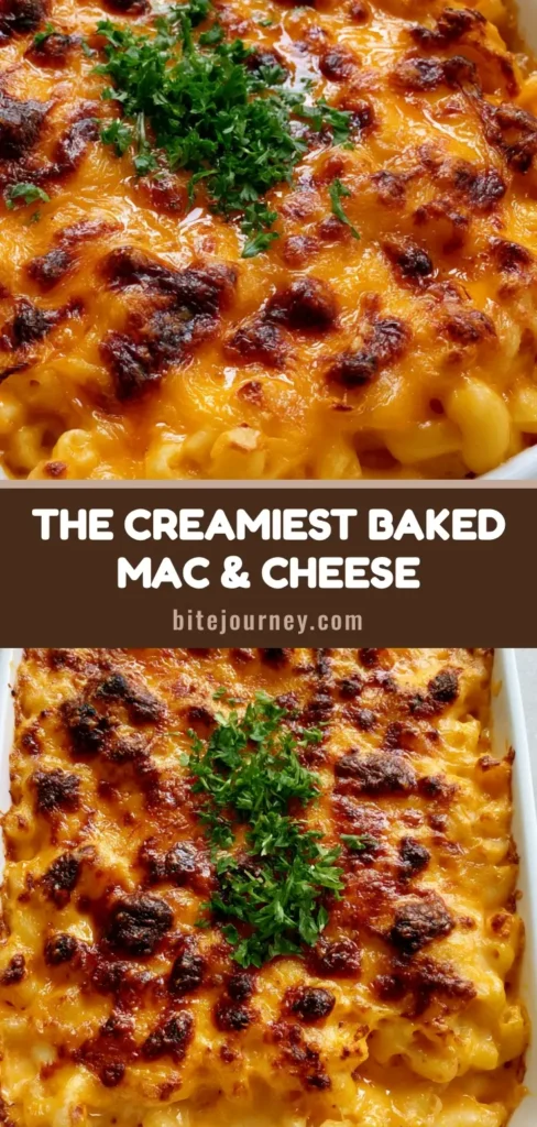 A close-up of Creamy Baked Macaroni and Cheese in a white dish with a charred cheddar crust and parsley garnish.