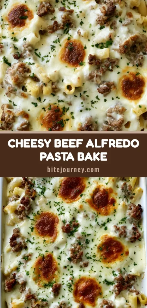Top-down view of Beef Alfredo Ziti Casserole with melted mozzarella and toasted golden spots in a white dish.