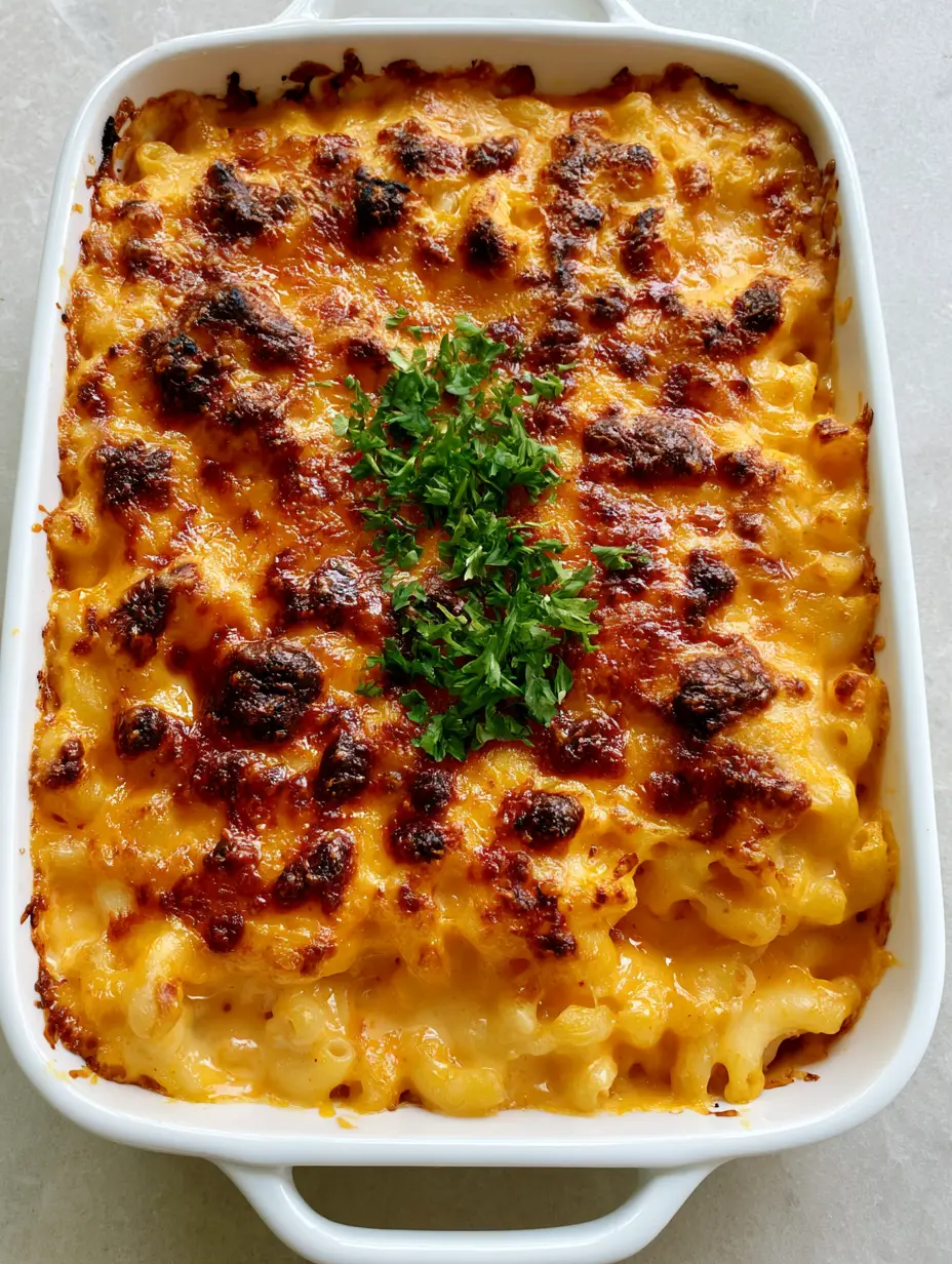 A steaming casserole of Creamy Baked Macaroni and Cheese showing thick orange sauce and melted cheese bubbles.
