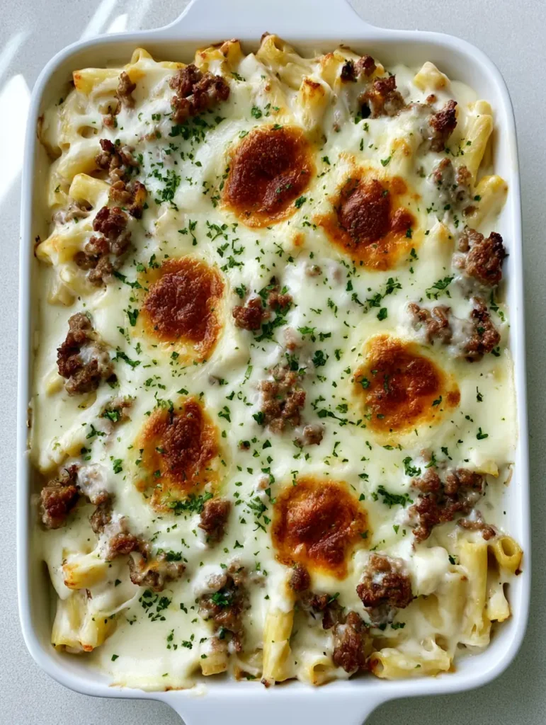 A close-up view of ziti pasta tubes enrobed in thick white alfredo sauce with beef crumbles. (Beef Alfredo Ziti Casserole)