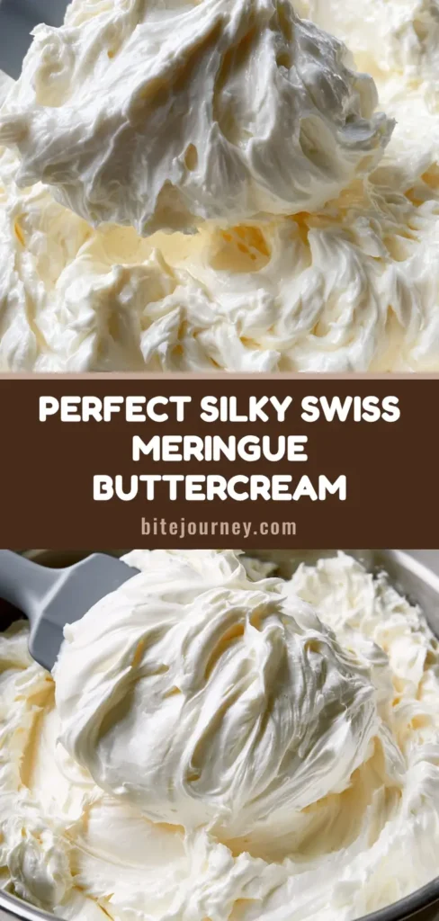 Swiss Meringue Buttercream Recipe: The Ultimate Silky Frosting Guide 4 A professional Pin showing a stainless steel bowl of glossy ivory-white Swiss Meringue Buttercream with a gray spatula. (Swiss Meringue Buttercream Recipe)