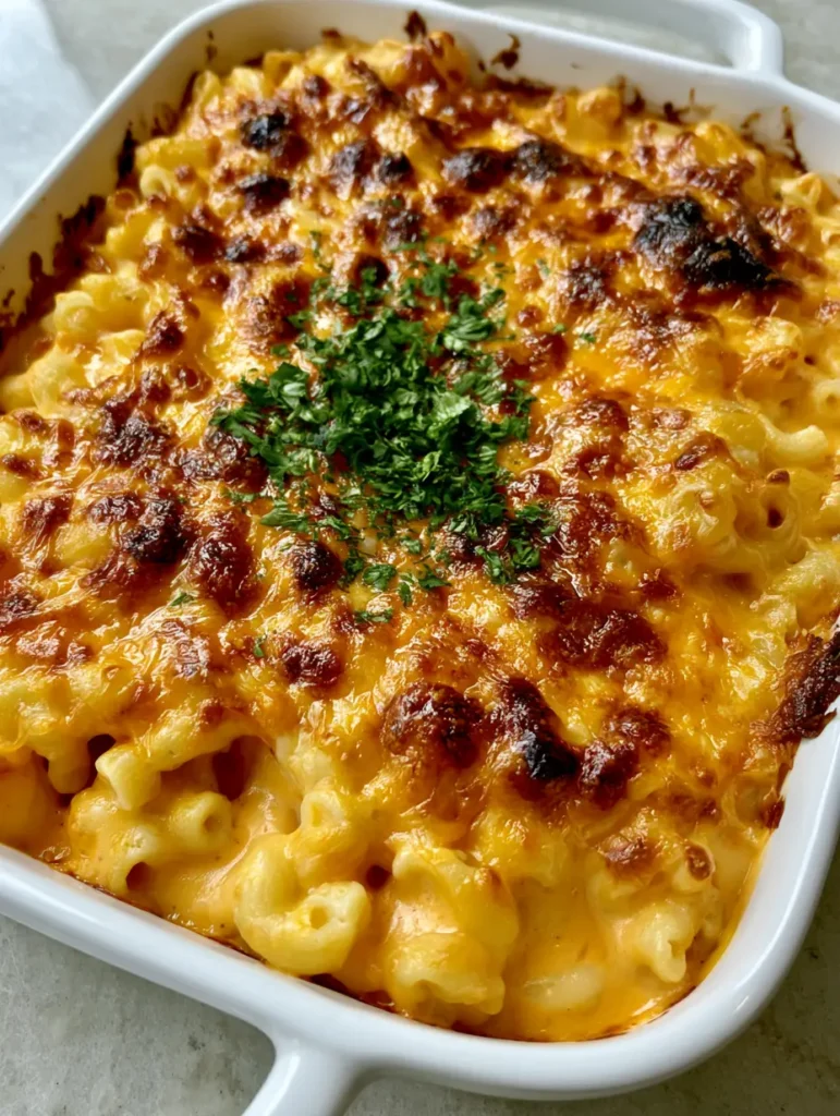 Overhead shot of Creamy Baked Macaroni and Cheese with charred golden cheese spots and fresh parsley.