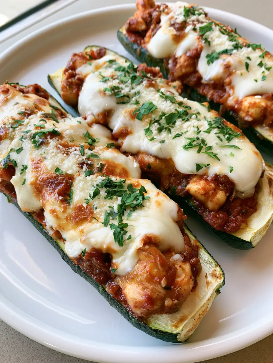 Close up view of roasted zucchini boats filled with chicken and marinara, topped with melted mozzarella showing golden spots. (Keto Chicken Parmesan Zucchini Boats)