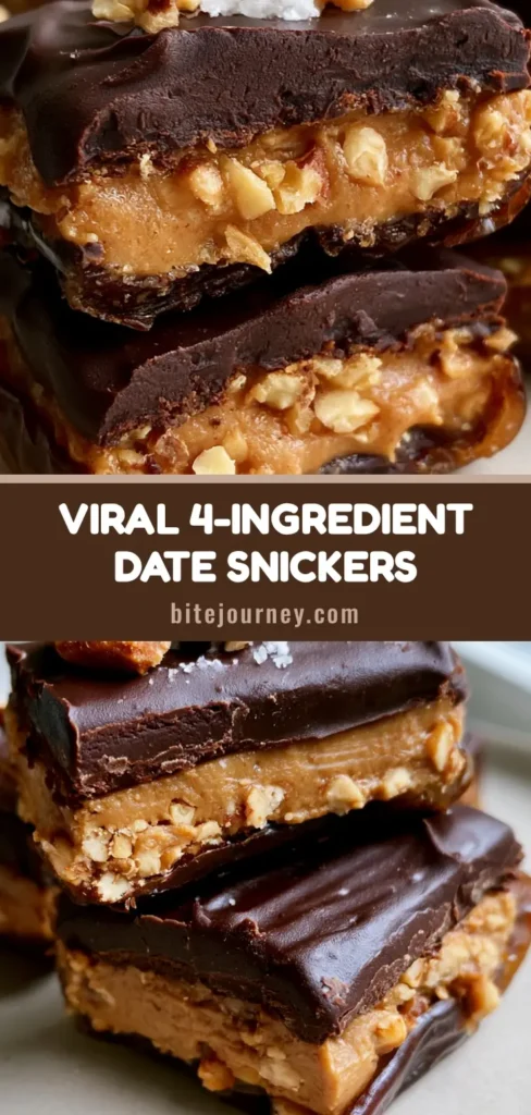 Close-up eye-level shot of several homemade Date Snickers bars on an off-white plate, featuring split Medjool dates, peanut butter, and a glossy dark chocolate shell with flaky sea salt.