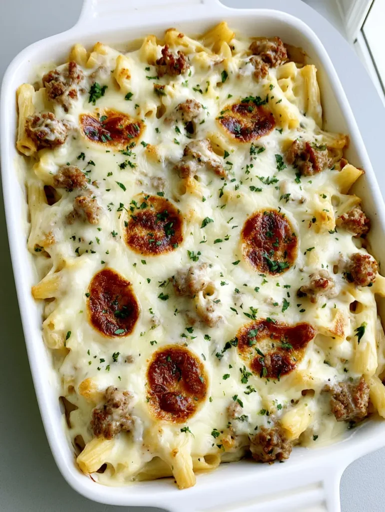 Beef Alfredo Ziti Casserole featuring toasted golden brown cheese spots and fresh parsley flakes.