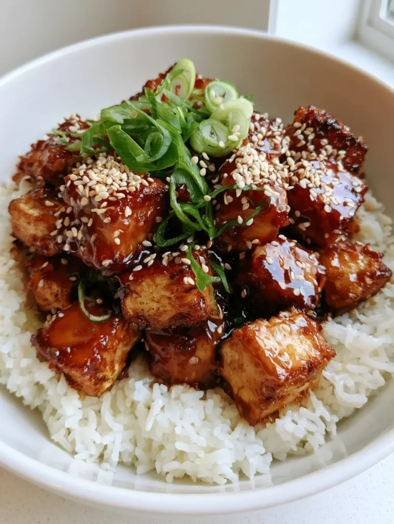 Crispy Honey Garlic Tofu: The Ultimate 20-Minute Sticky Dinner 1 Crispy Honey Garlic Tofu cubes with golden-brown edges in a white bowl with natural side lighting.
