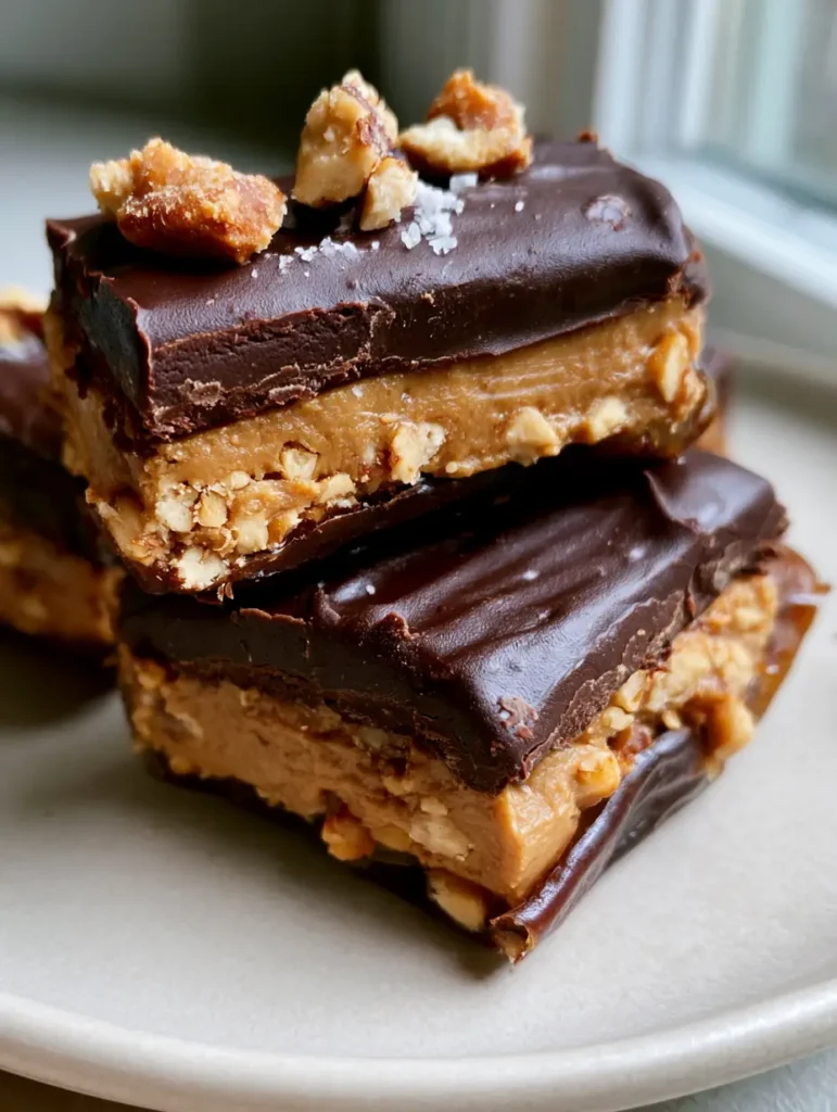 High-resolution photo of Date Snickers bars garnished with flaky sea salt on a ceramic plate.
