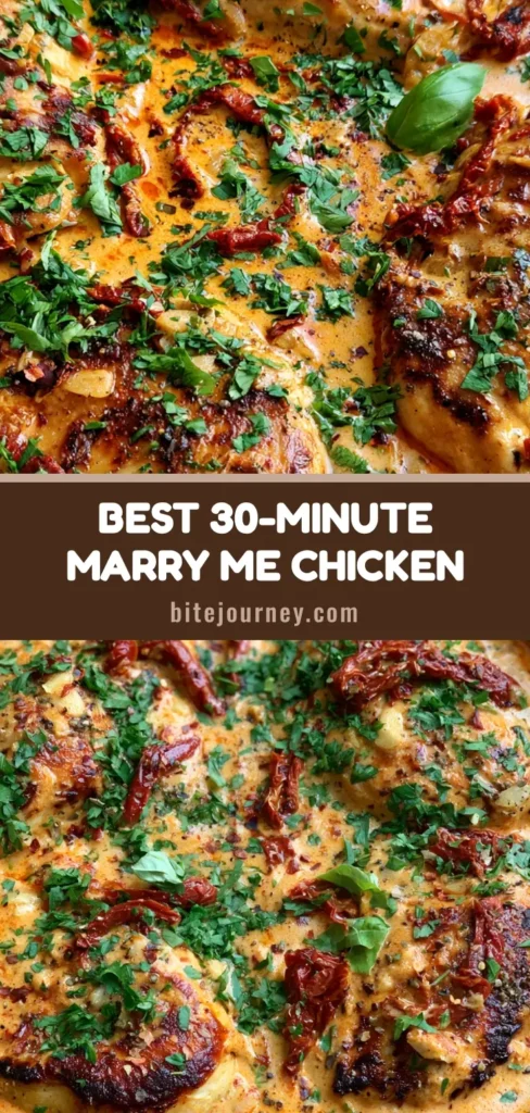 A close-up shot of Marry Me Chicken in a cast iron skillet with a thick orange-red cream sauce and fresh basil garnishes.