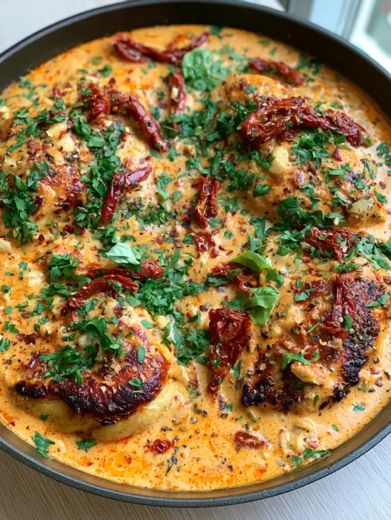 Top down view of Marry Me Chicken with visible red pepper flakes, julienned sun-dried tomatoes, and fresh green herbs.
