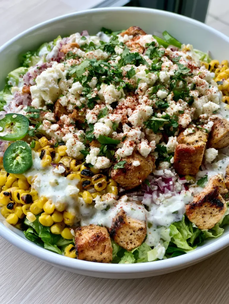 Full white bowl of Chicken Street Corn Salad showing romaine base and cotija cheese topping.