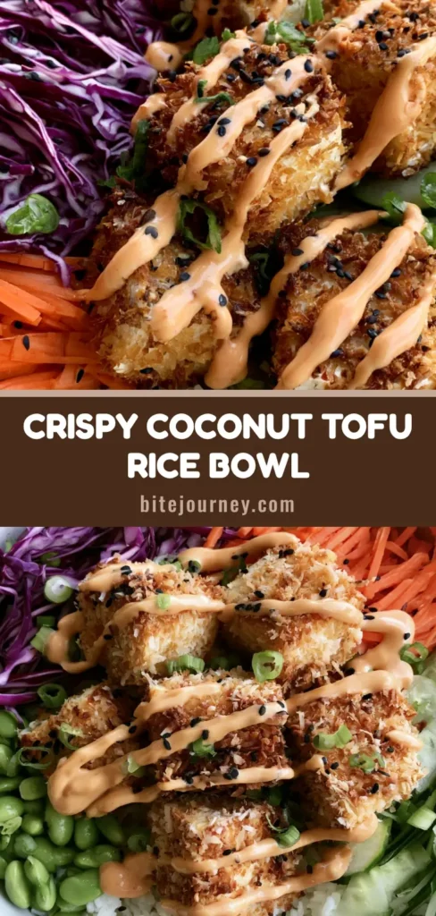 A wide ceramic bowl containing a Coconut Crusted Tofu Bowl with golden-brown toasted tofu cubes, jasmine rice, purple cabbage, julienned carrots, and a zigzag of orange chili mayo.