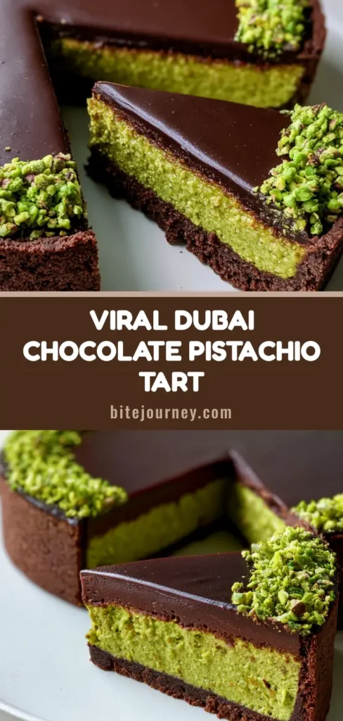 A clean slice of Chocolate Pistachio Tart showing a dark cocoa crust, vibrant green pistachio paste layer, and glossy dark chocolate ganache on a white plate.