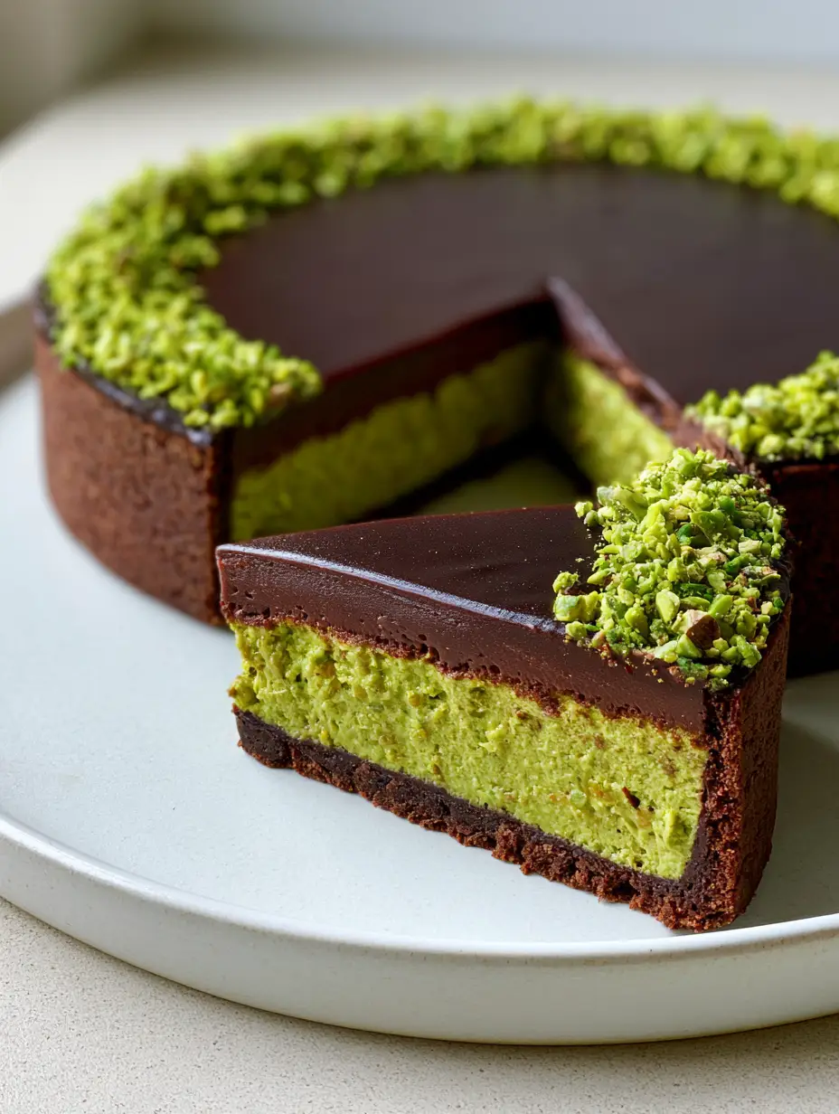 Close up shot of a chocolate pistachio tart with a dark cocoa shortbread crust and thick lime-green nut paste.