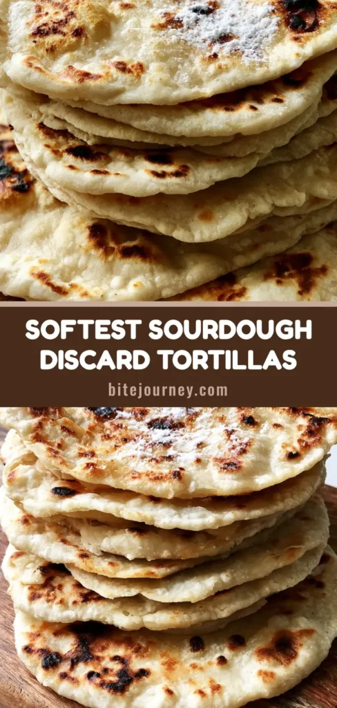 A stack of six thin handmade sourdough discard tortillas on a rustic wooden board showing golden-brown charred spots and soft texture.