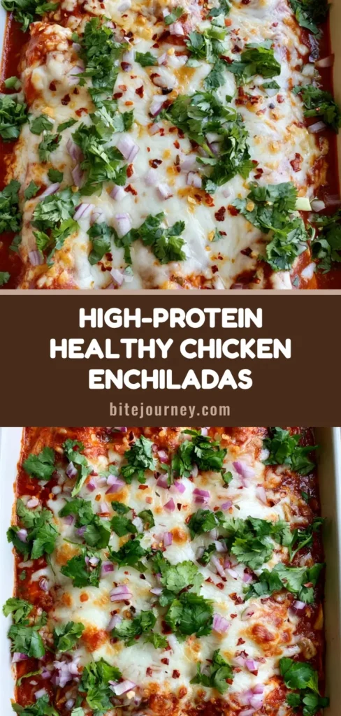Three rolled High Protein Chicken Enchiladas in a white dish with crimson-red sauce, melted Monterey Jack cheese, red onion, and cilantro on a stone countertop.
