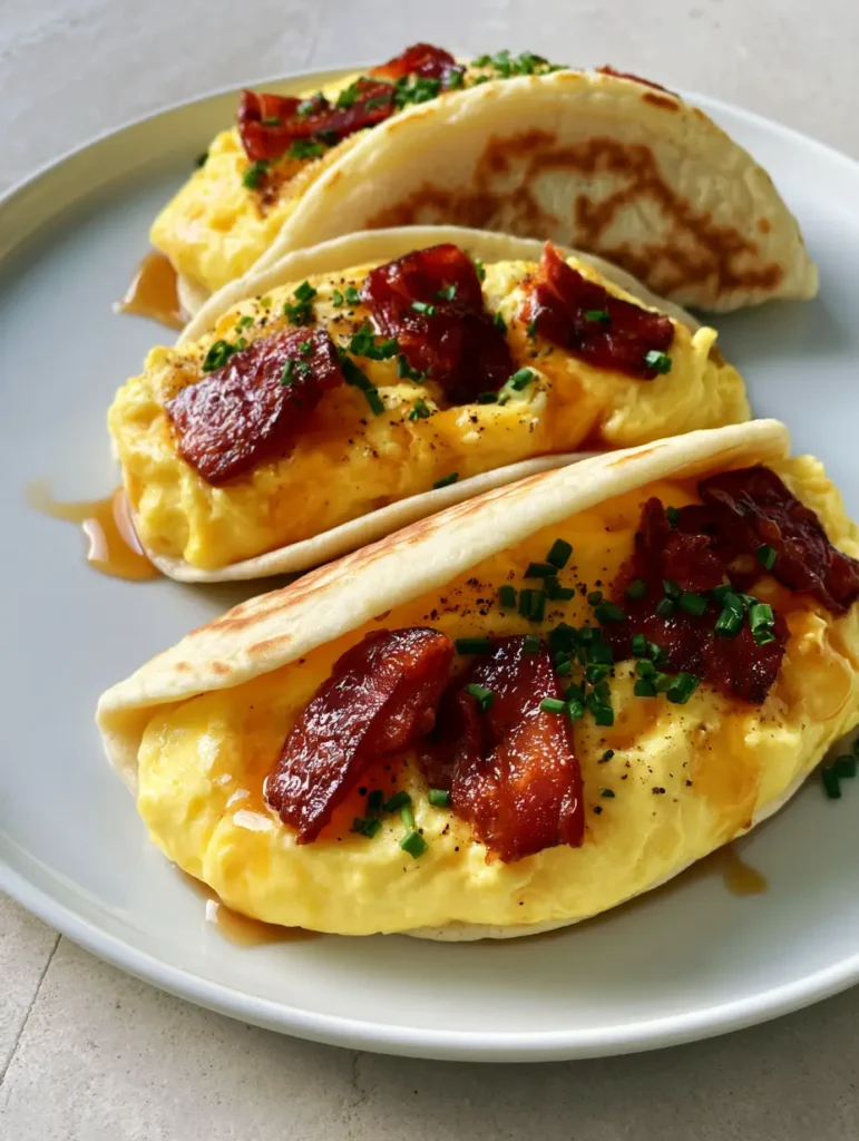 Savory Pancake Tacos with Soft Scrambled Eggs and Crispy Bacon 1 Handheld photo of Savory Pancake Tacos highlighting the glistening bacon and creamy scrambled eggs.