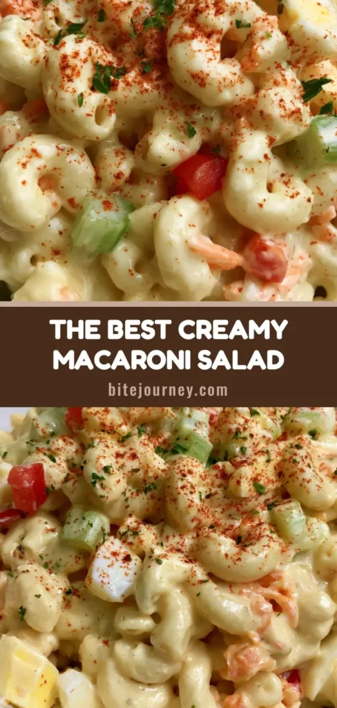 Amish Macaroni Salad: The Ultimate Creamy Old-Fashioned Recipe 4 A close-up of Amish Macaroni Salad in a white bowl showing the thick pale-yellow dressing, diced red peppers, green celery, and paprika dusting.