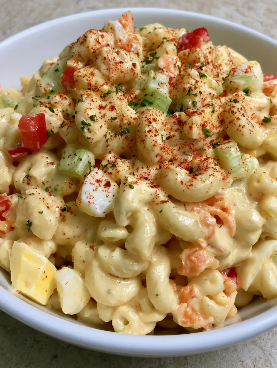 Amish Macaroni Salad: The Ultimate Creamy Old-Fashioned Recipe 3 A smartphone photo of Amish Macaroni Salad on a grey stone countertop, featuring elbow macaroni, shredded carrots, and egg chunks in a yellow dressing.