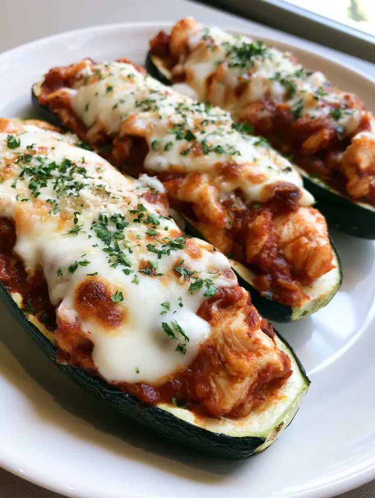 Top-down view of three Keto Chicken Parmesan Zucchini Boats garnished with parsley and parmesan on a white ceramic plate.