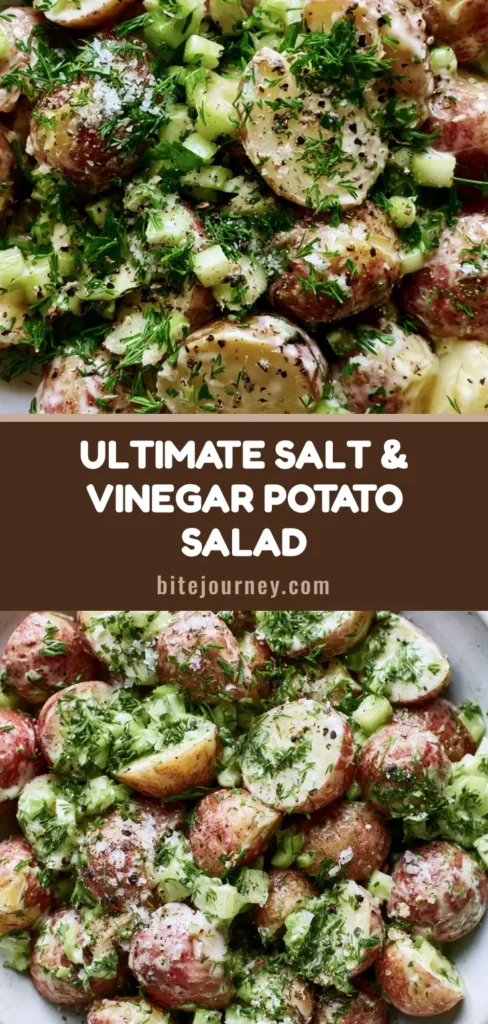 Salt and Vinegar Potato Salad with Baby Red Potatoes 4 A vertical Pinterest-optimized shot of Salt and Vinegar Potato Salad in a rustic white bowl featuring baby red potatoes, green dill, and coarse sea salt.
