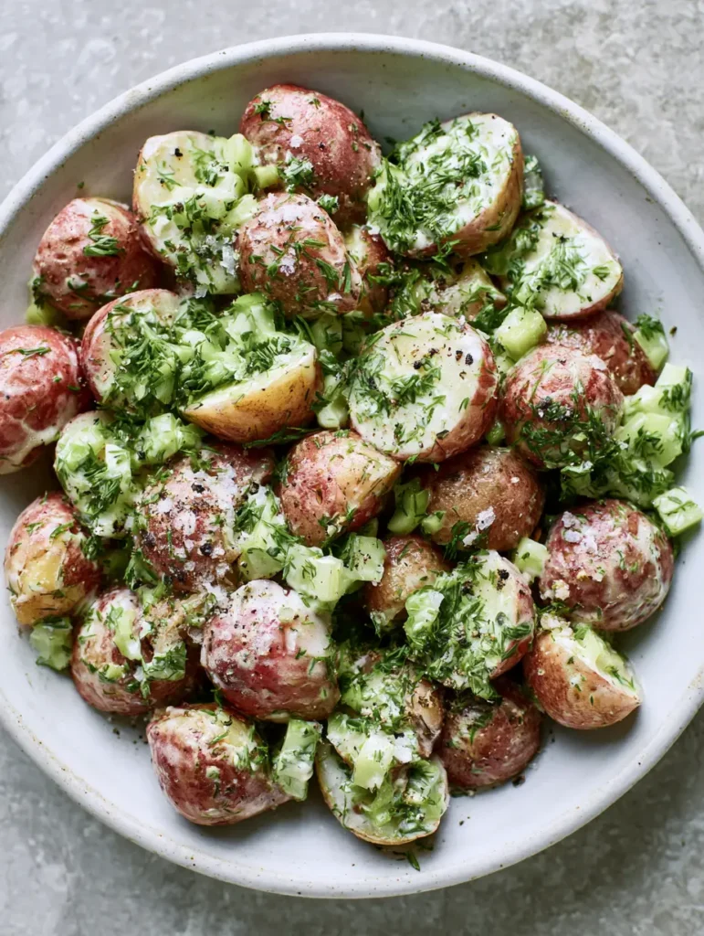 Close-up top-down view of Salt and Vinegar Potato Salad showing the texture of red potato skins, creamy dressing, and cracked black pepper.