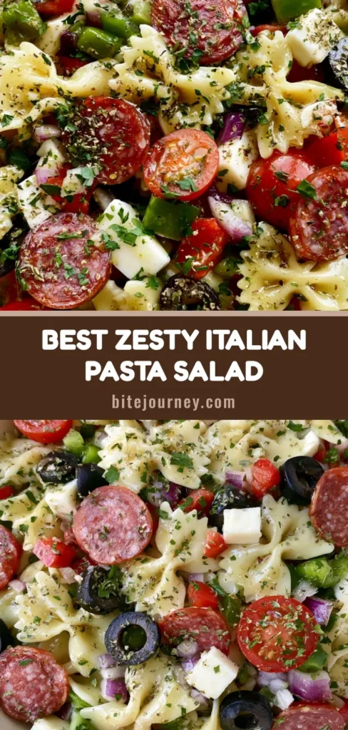 A vibrant top-down shot of Italian Bow Tie Pasta Salad in a white bowl featuring farfalle, salami, and mozzarella.
