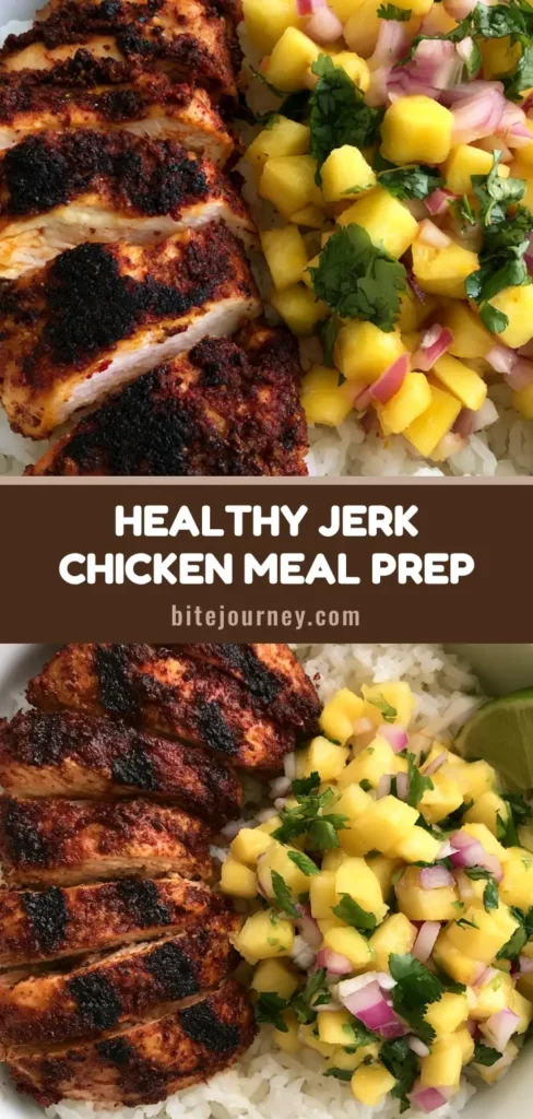 A handheld smartphone photo of a Jerk Chicken Bowl featuring seared chicken with char marks, white rice, and pineapple salsa in a white bowl.