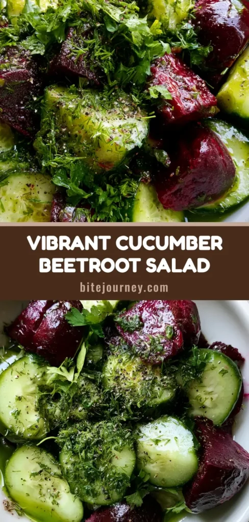 A shallow white bowl featuring a vibrant Beetroot and Cucumber Salad with deep purple roasted beet chunks, green cucumber half-moons, and fresh dill garnish.