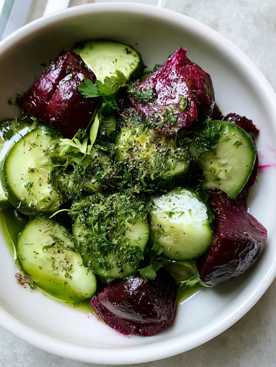 Close-up of a Beetroot and Cucumber Salad showing the glistening surfaces of roasted beets and fresh herbs in natural light.