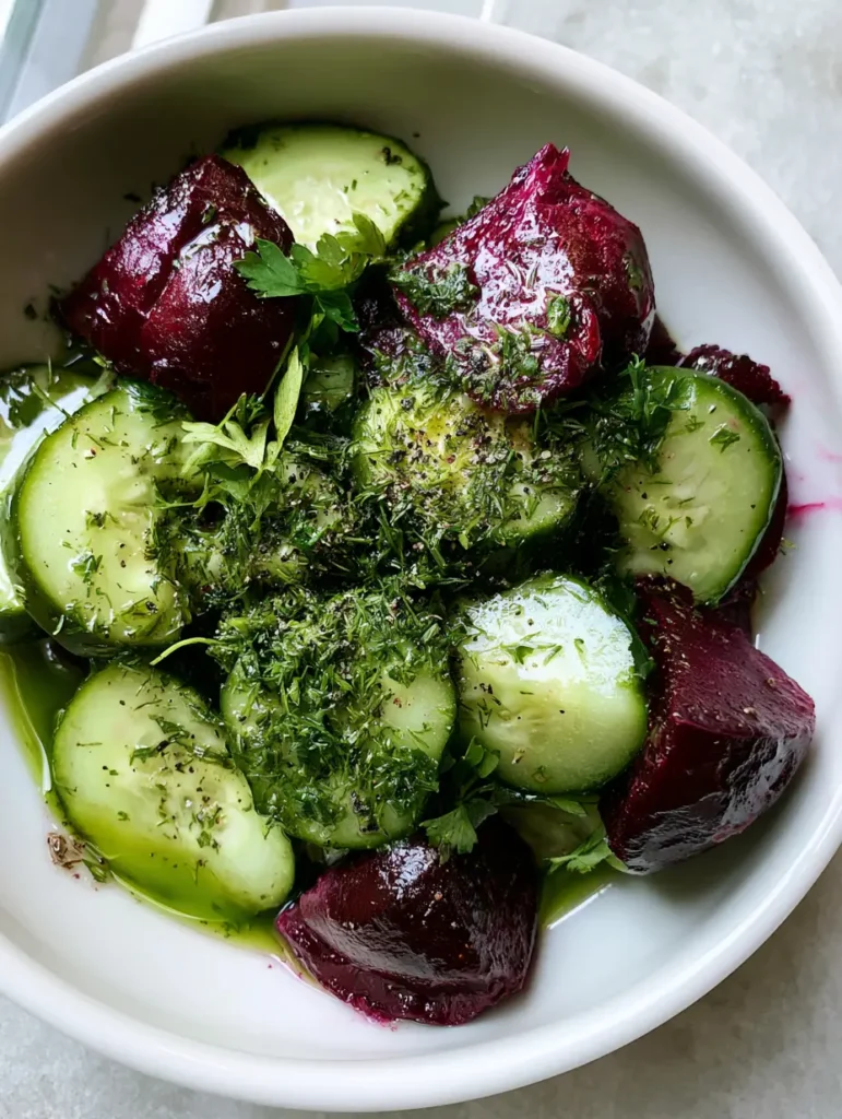 A handheld smartphone photo of the completed Beetroot and Cucumber Salad in a shallow white bowl on a gray stone background.