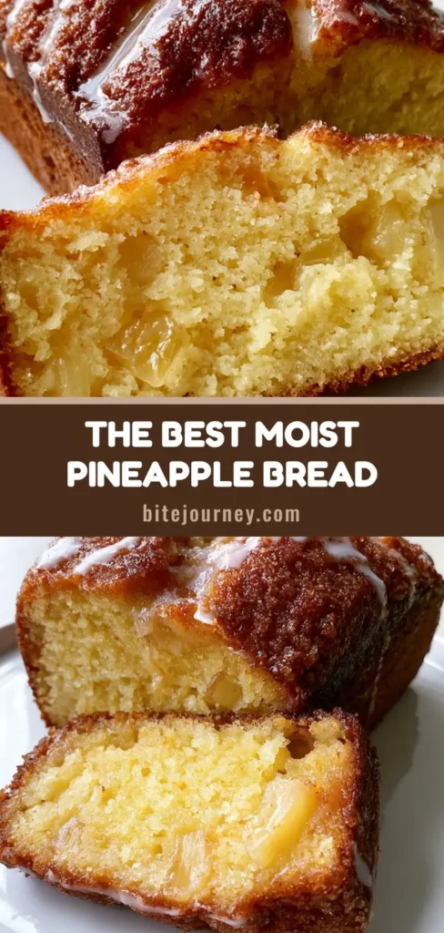 A close-up of a sliced Pineapple Bread loaf with a golden-brown crust, yellow crumb with pineapple chunks, and a thin white glaze on a white plate.