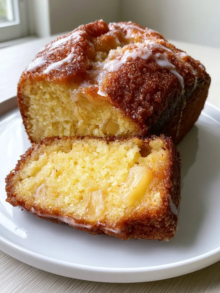 Top view of a Pineapple Bread loaf showing the deep golden-brown sugary crust and translucent glaze pooling in the crevices.