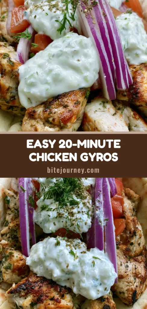 A handheld Greek Chicken Gyro with golden seared chicken, thick white tzatziki, purple onions, and diced tomatoes on a toasted pita.
