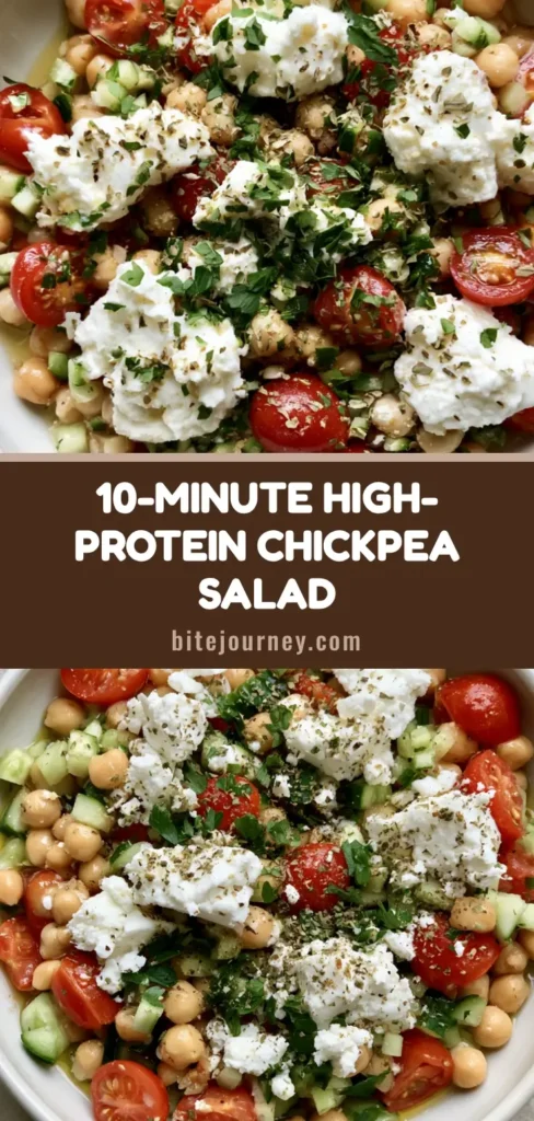A high-angle shot of a High-Protein Chickpea Salad in a shallow white bowl with feta and fresh herbs.