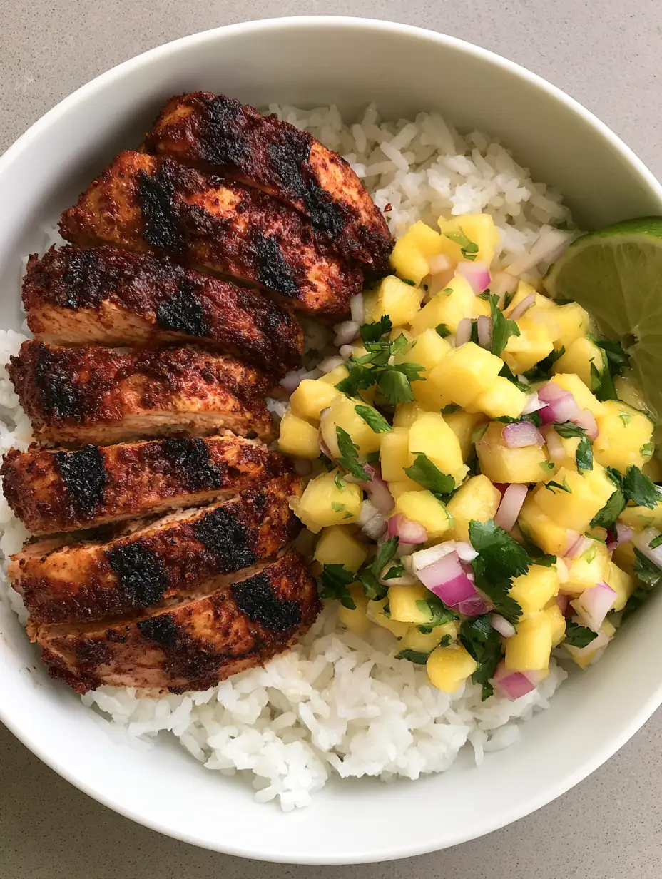 Close up of a Jerk Chicken Bowl showing the dark reddish-brown spice rub and fluffy steamed white rice.