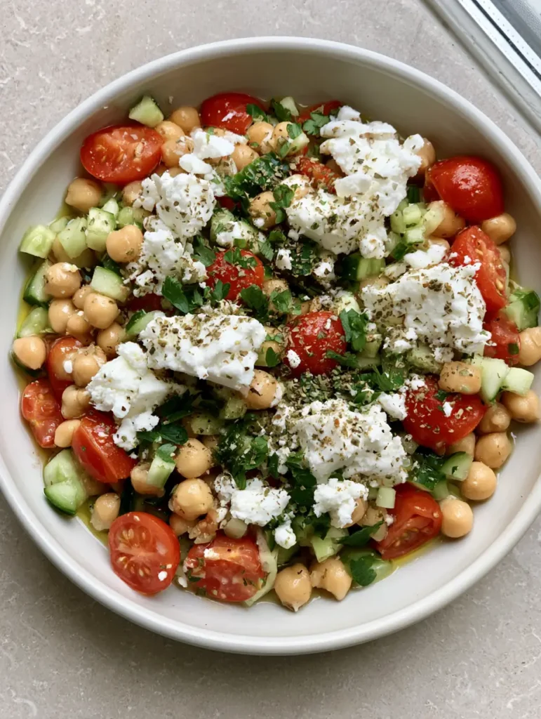 Close up of High-Protein Chickpea Salad showing glistening lemon-oil dressing and large chunks of feta cheese.