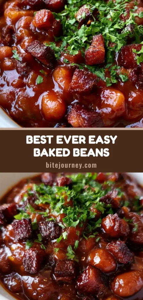 A top-down view of a white ceramic bowl containing a thick, glossy Easy Baked Beans Recipe topped with crispy bacon and green parsley flakes.