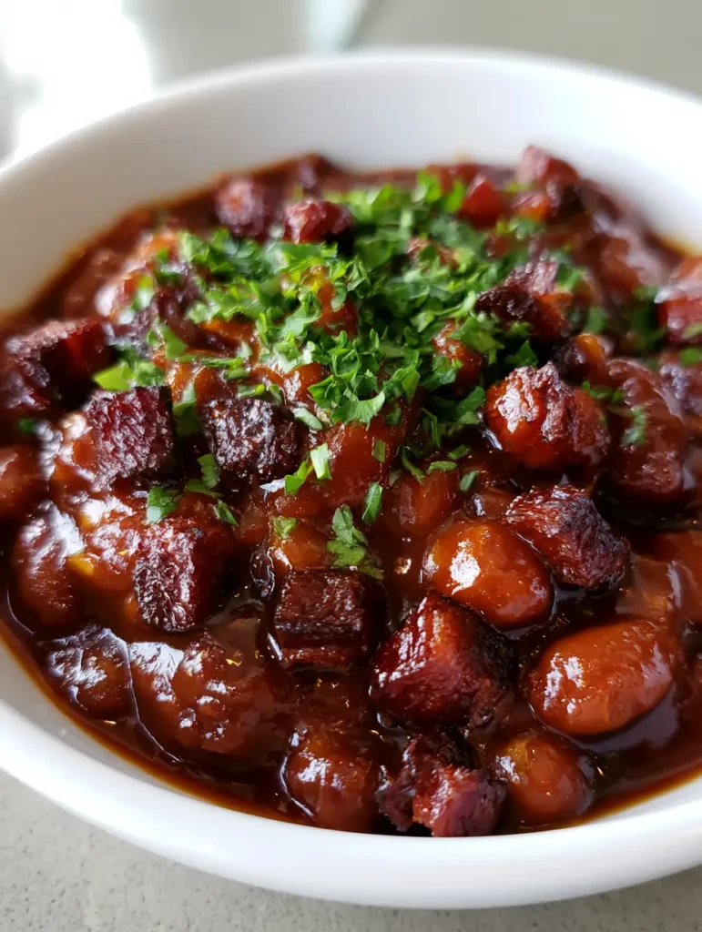 Close-up of tender navy beans in a rich reddish-brown tomato and molasses sauce. (Easy Baked Beans Recipe)