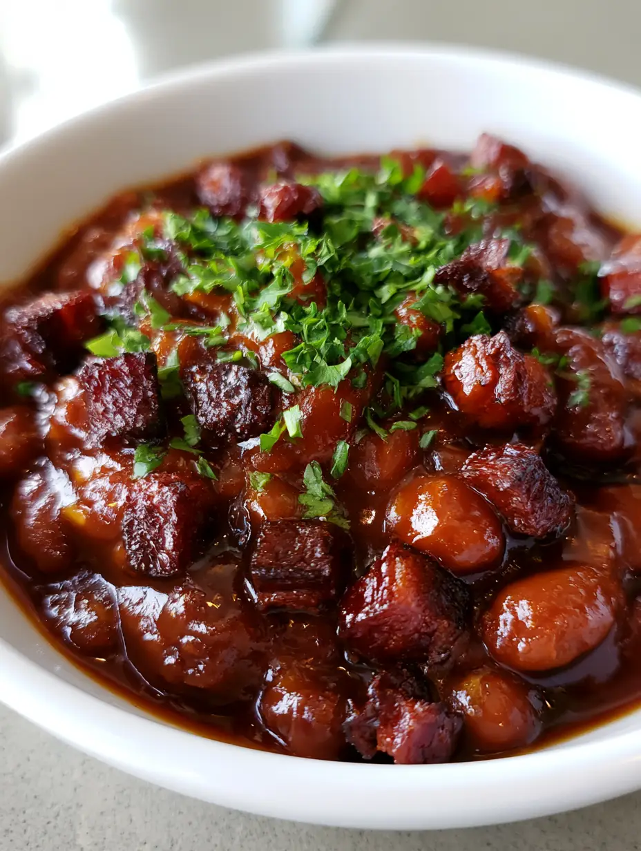 Close-up of tender navy beans in a rich reddish-brown tomato and molasses sauce. (Easy Baked Beans Recipe)