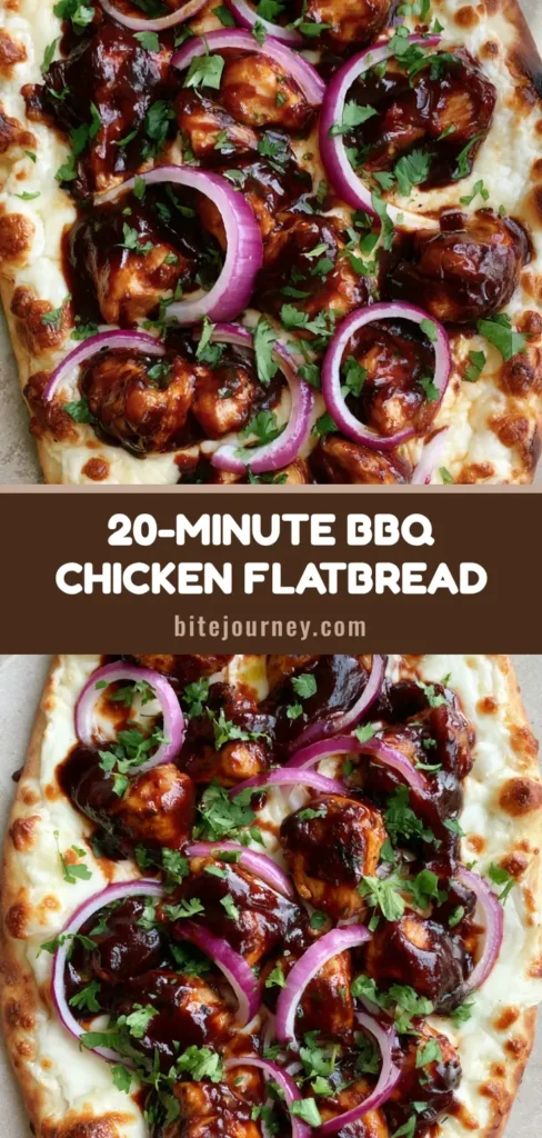 Top-down view of a BBQ Chicken Flatbread with glossy dark mahogany sauce, bubbly melted mozzarella cheese, and fresh red onions on a light stone background. (BBQ Chicken Flatbread)